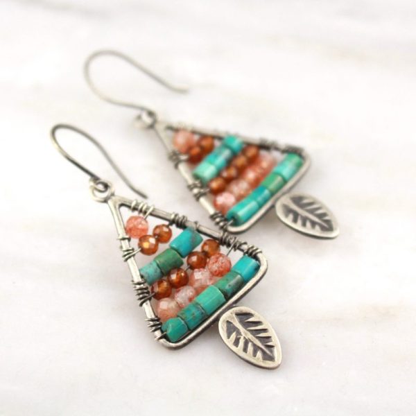 Leaf Triangle with Turquoise and Sunstone Earrings Sarah Deangelo