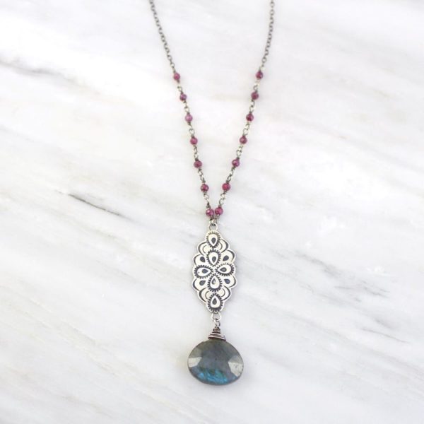 Peacock Mandala Labradorite and Ruby Long Necklace Sarah Deangelo