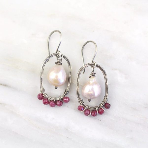 Oval Hoop with Ruby and Akoya Pearl Earrings Sarah Deangelo
