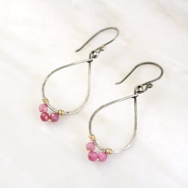 Pink Tourmaline Wrapped Teardrop Mixed Metal Hoop Earrings Sarah Deangelo