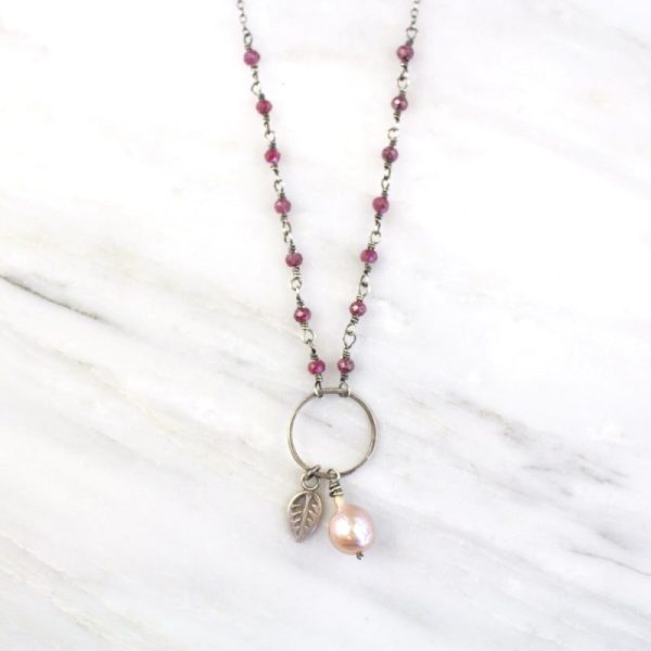 Leaf Charm Ruby and Akoya Pearl Necklace Sarah Deangelo