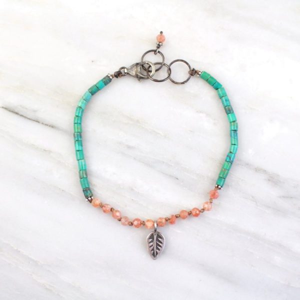 Leaf Sunstone and Turquoise Mini Charm Bracelet Sarah Deangelo