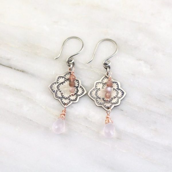 Desert Rose Mandala Peach Moonstone and Rose Quartz Earrings Sarah Deangelo