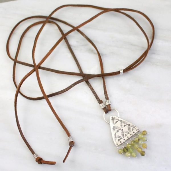 Southwest Triangle Fringe Green Garnet Leather Necklace Sarah Deangelo