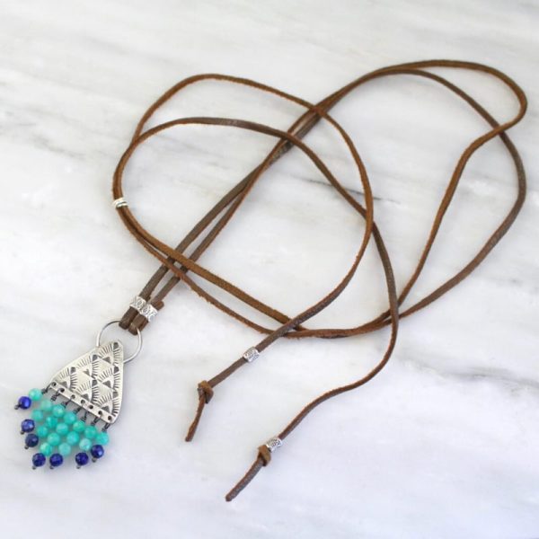 South West Amazonite and Lapis Leather Necklace Sarah Deangelo