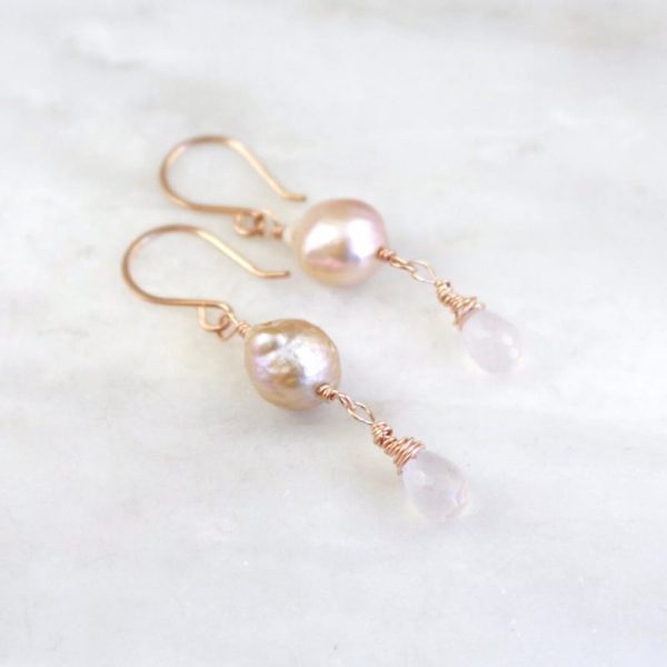 Akoya Pearl and Rose Quartz Wrapped Earrings Sarah Deangelo