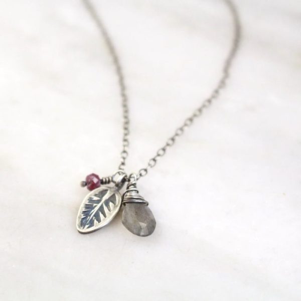 Leaf Charm with Labradorite and Ruby Necklace Sarah Deangelo