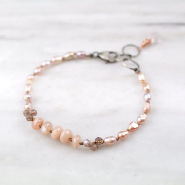 Pink Pearl and Peach Moonstone Knotted Bracelet Sarah Deangelo
