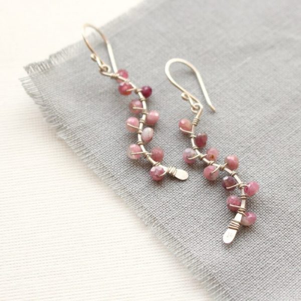 Pink Tourmaline Wrapped Vine Silver Earrings - Image 2