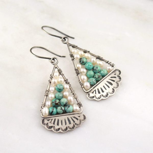 Navajo Lace Turquoise and Pearl Mosaic Earrings by Sarah DeAngelo