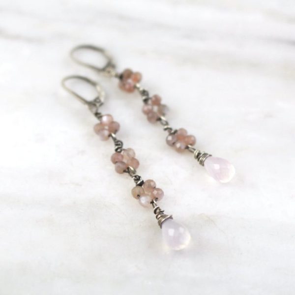 Long Peach Moonstone and Rose Quartz Earrings Sarah Deangelo