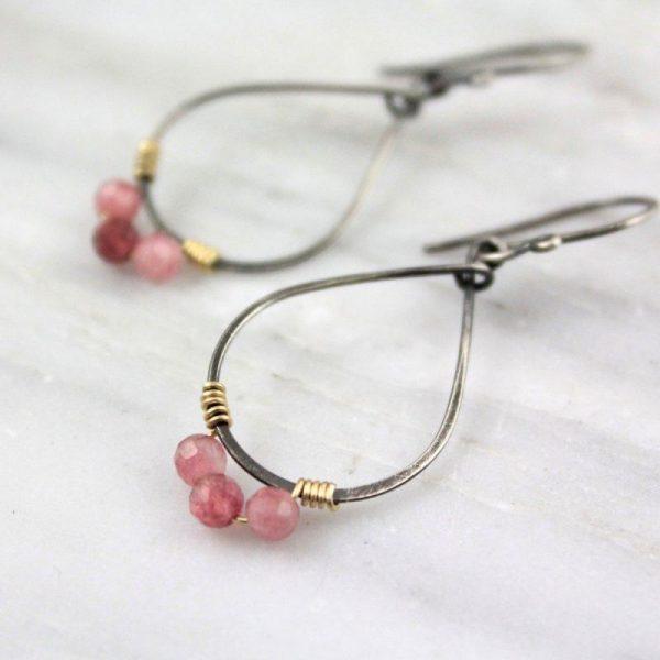 Pink Tourmaline Wrapped Teardrop Mixed Metal Hoop Earrings - Image 3