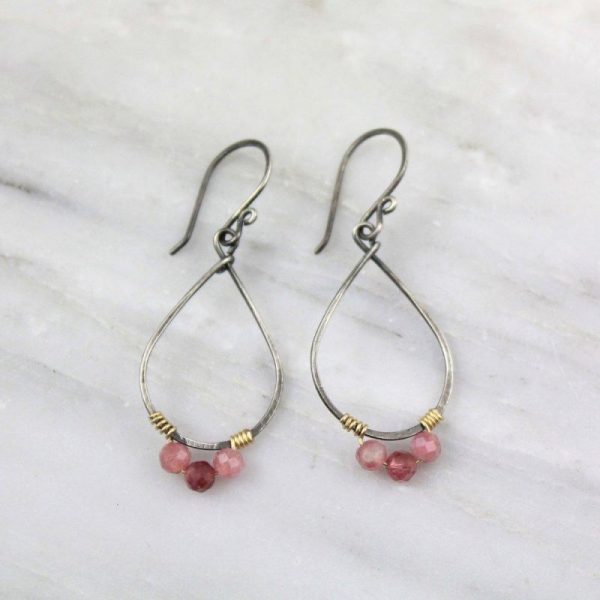 Pink Tourmaline Wrapped Teardrop Mixed Metal Hoop Earrings - Image 2