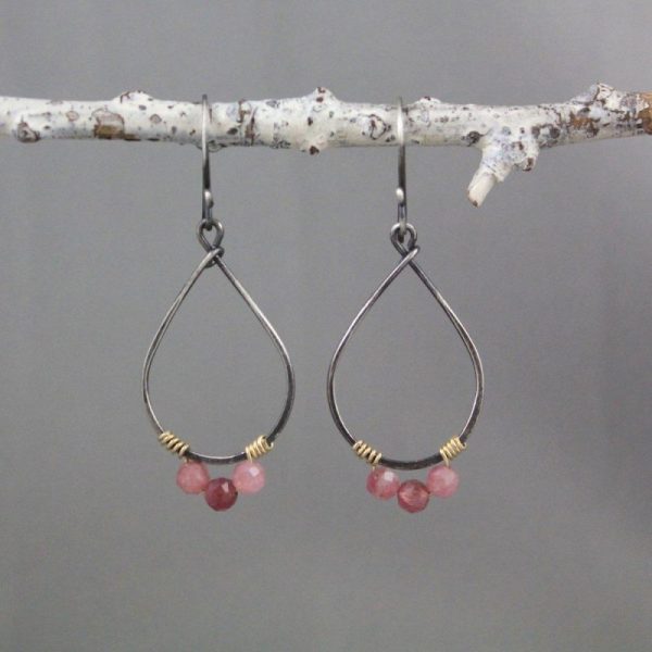 Pink Tourmaline Wrapped Teardrop Mixed Metal Hoop Earrings - Image 4