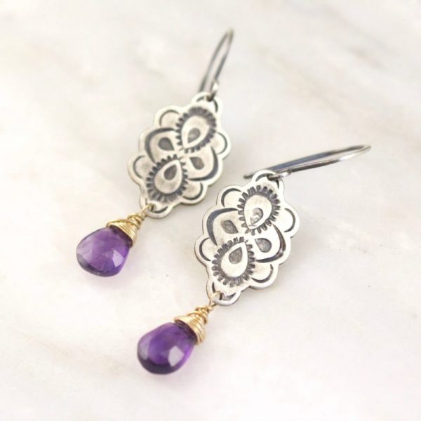 Peacock Mandala Wrapped Amethyst Mixed Metal Earrings - Image 4