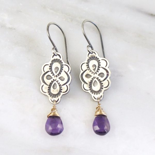 Peacock Mandala Wrapped Amethyst Mixed Metal Earrings by Sarah Deangelo