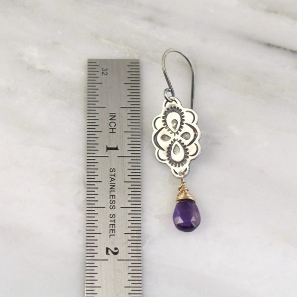 Peacock Mandala Wrapped Amethyst Mixed Metal Earrings - Image 2