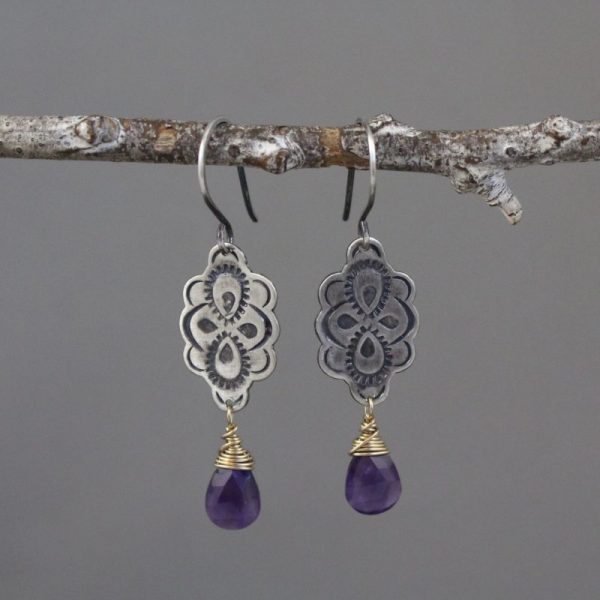 Peacock Mandala Wrapped Amethyst Mixed Metal Earrings - Image 3