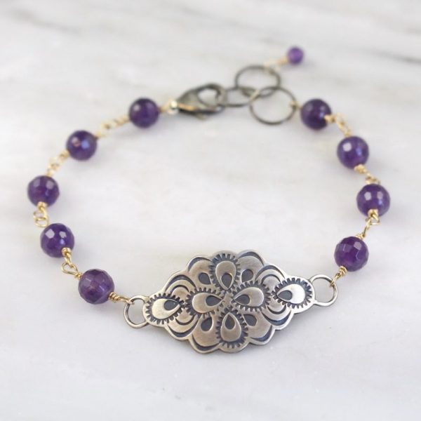 Peacock Mandala Amethyst Mixed Metal Bracelet - Image 2