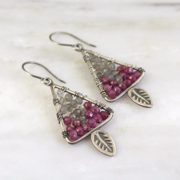 Leaf Ruby and Labradorite Mosaic Earrings by Sarah Deangelo