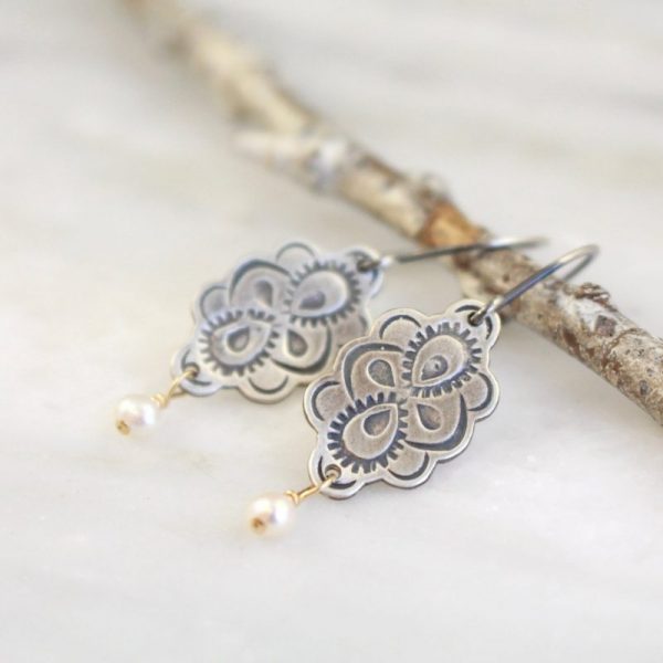 Peacock Mandala Pearl Dangle Earrings - Image 2