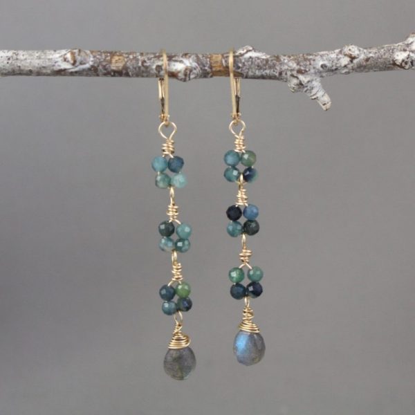 Blue Tourmaline & Labradorite Long Gold Earrings - Image 3