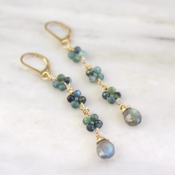 Blue Tourmaline & Labradorite Long Gold Earrings - Image 2