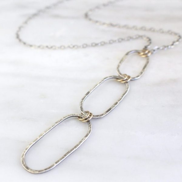 Hammered Mixed Metal Linked Oval Long Necklace - Image 3