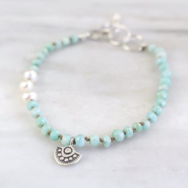 Wanderer Mini Charm Pearl & Amazonite Knotted Bracelet Sarah Deangelo
