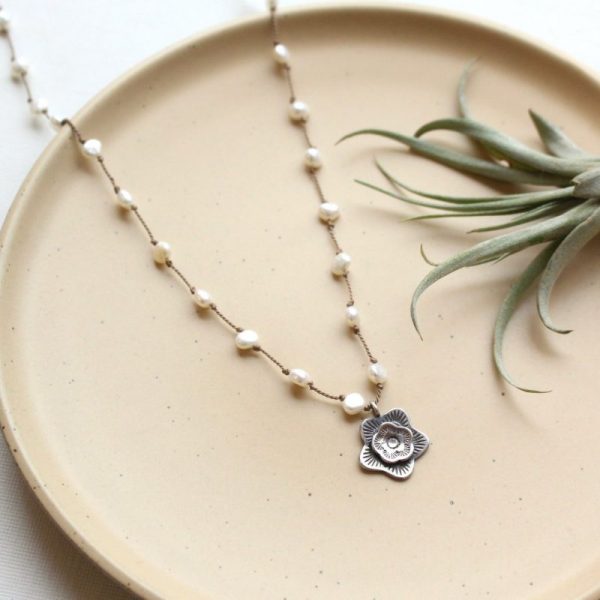 Mini Cactus Flower Knotted Pearl Necklace - Image 4