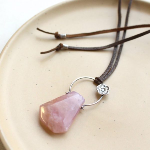 Cactus Flower Pink Amethyst Leather Necklace - Image 3