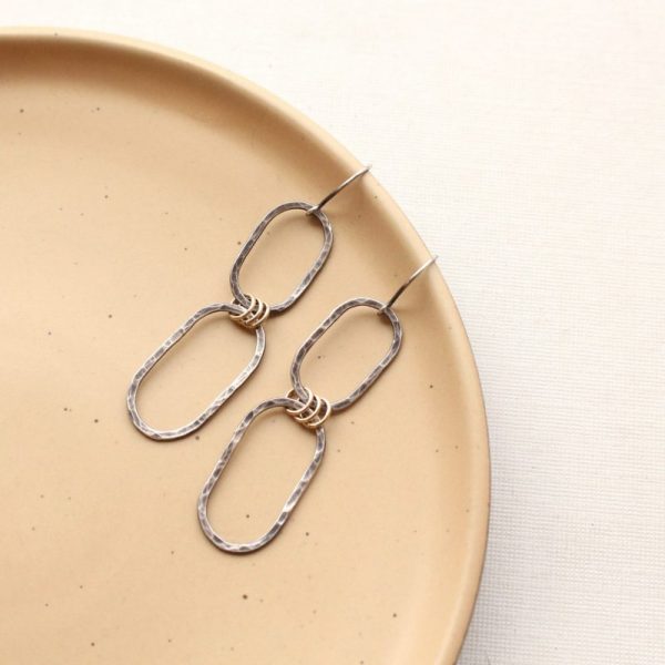 Hammered Mixed Metal Linked Oval Earrings - Image 2