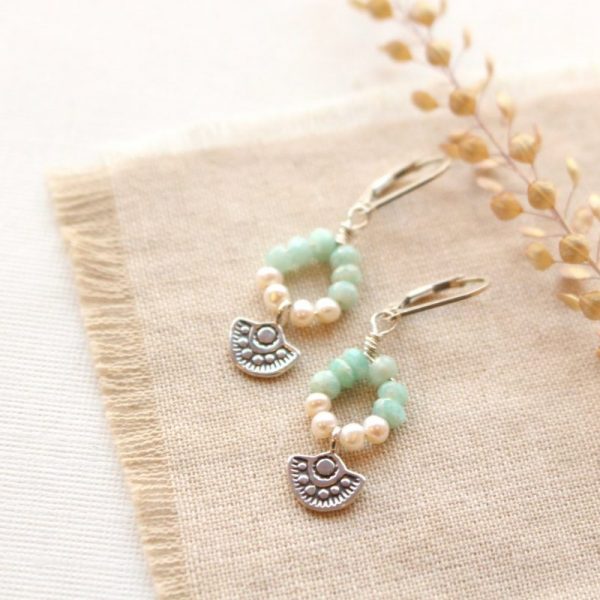 Wanderer Mini Pearl & Amazonite Loop Earrings - Image 2