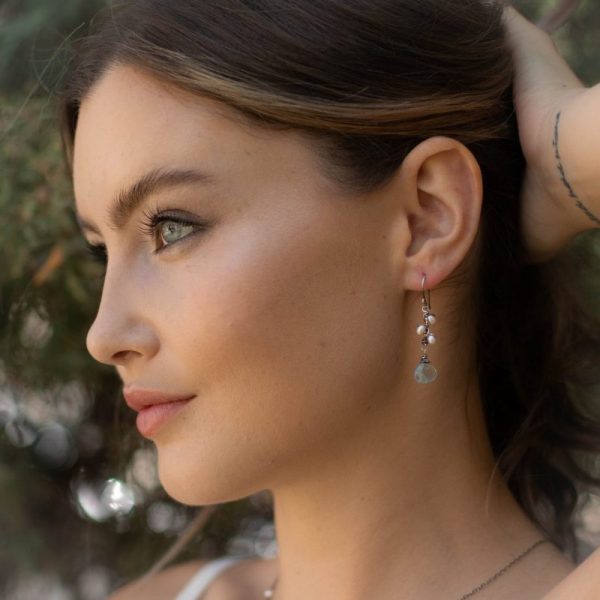 Moss Aquamarine & Pearl Bud Vine Earrings - Image 4