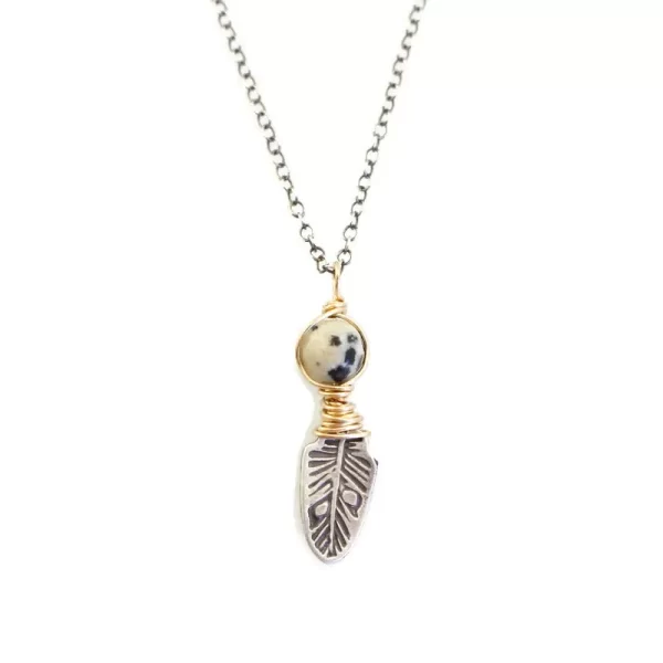 Dalmatian Jasper & Feather Charm Necklace