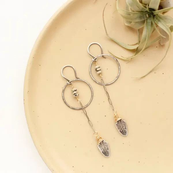 Long Feather & Dalmatian Jasper Hoop Earrings - Image 3