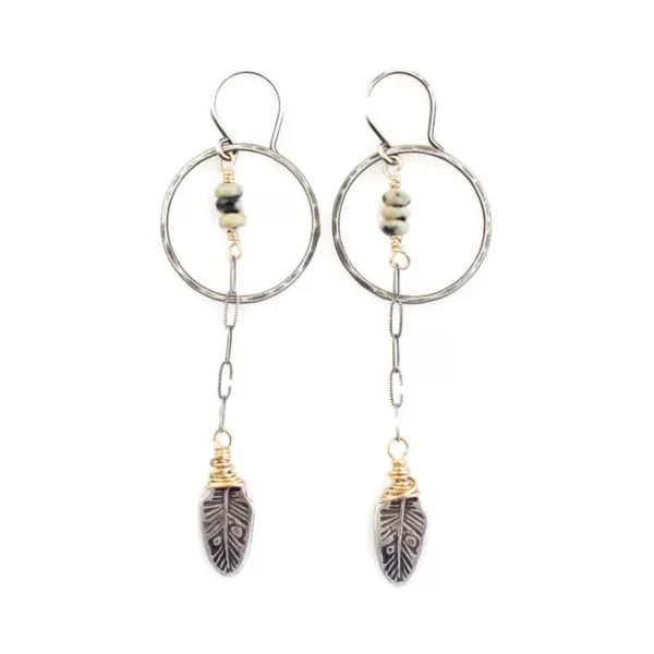 Long Feather & Dalmatian Jasper Hoop Earrings