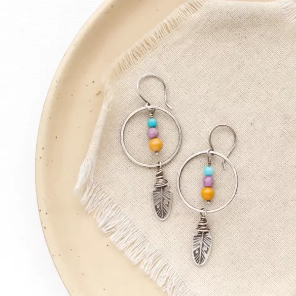 Feather Charm & Stone Hoop Earrings - Image 3
