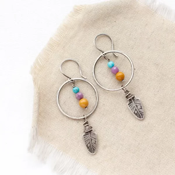 Feather Charm & Stone Hoop Earrings - Image 2