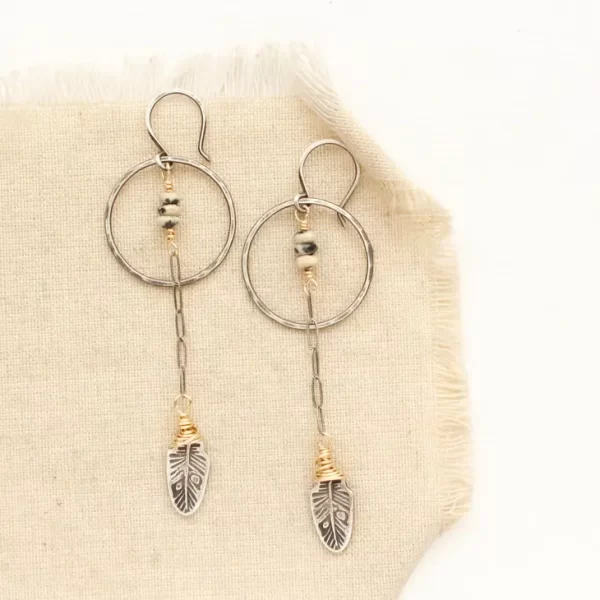 Long Feather & Dalmatian Jasper Hoop Earrings - Image 2