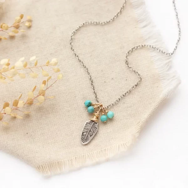 Turquoise Fringe Feather Charm Necklace