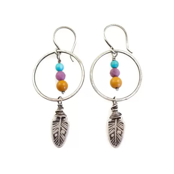 Feather Charm & Stone Hoop Earrings
