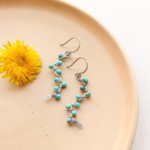Turquoise Wrapped Oxidized Silver Vine Earrings - Image 2