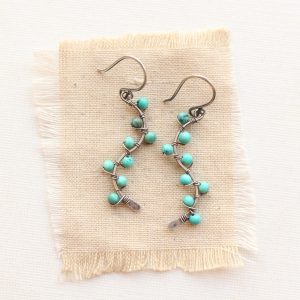 Turquoise Wrapped Oxidized Silver Vine Earrings